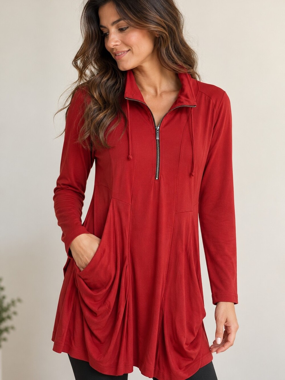 Chalet et Ceci Red Draped Tunic Top – Lagenlook Dress Women’s XL Half ZIP Pocket